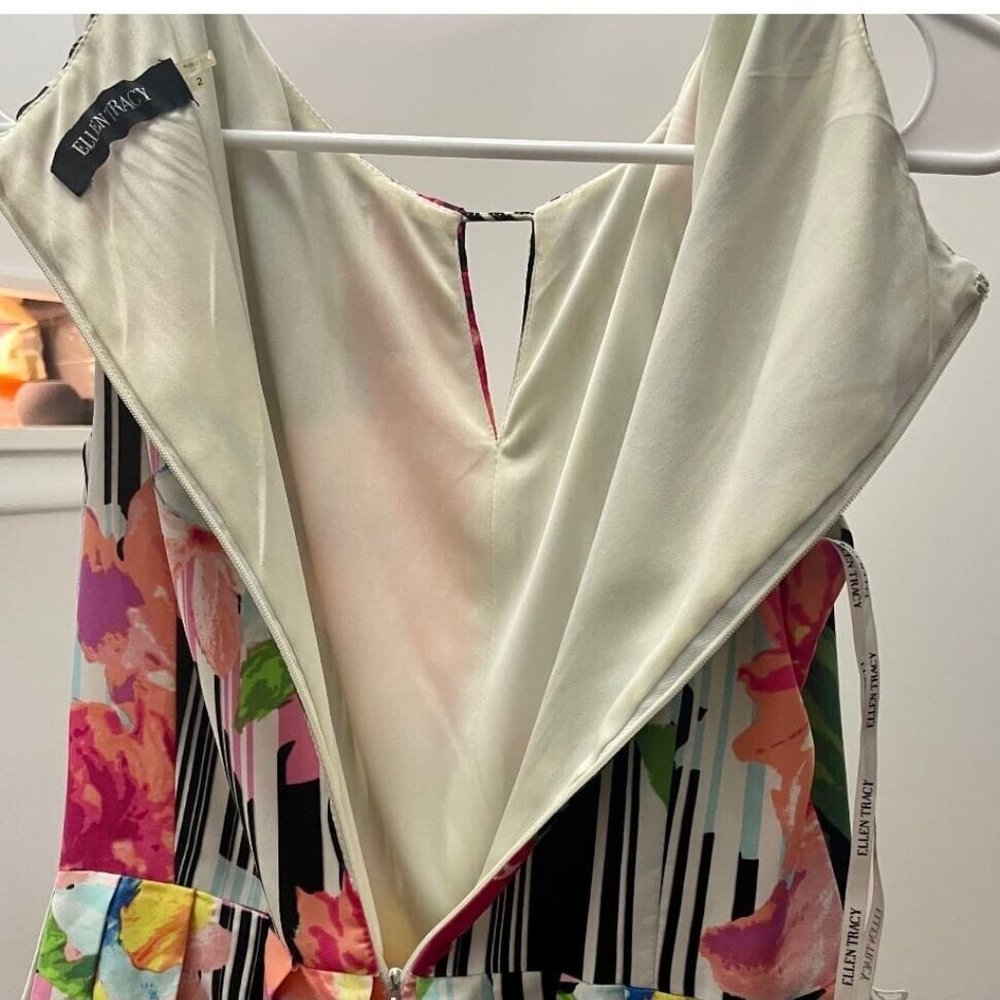 ELLEN TRACY 2 XS Floral Dress Stripe Fit Flare Keyhole Midi 50s Retro 4 S 1950s - Picture 14 of 14